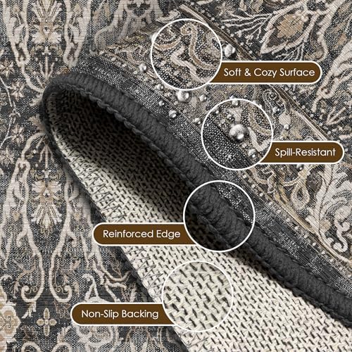 Washable Area Rug 4' x 6' Vintage Traditional Persian Mat - Foldable Distressed Non-Slip Machine Washable Carpet for