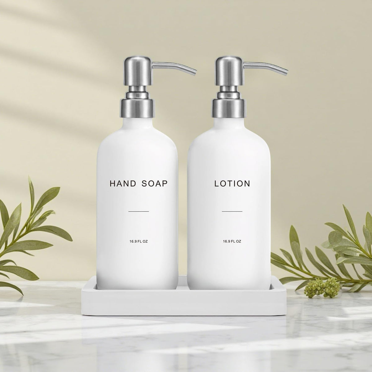 Prus Waso White Soap Dispenser Bathroom Set, Silver & White | Hand and Lotion Dispenser with Pump, Perfect for Bathroom