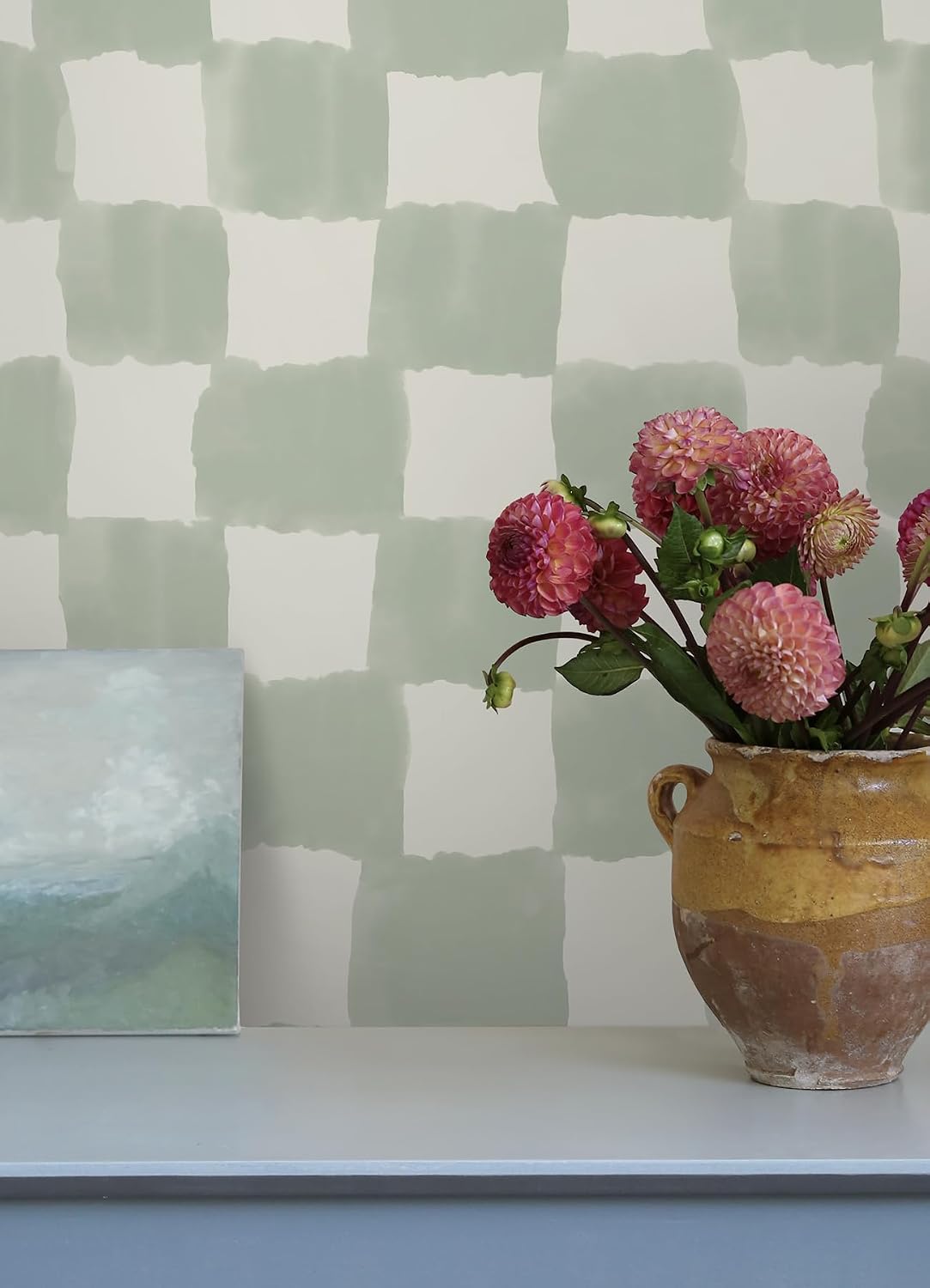 RoomMates Tess Watercolor Checker Sage Peel and Stick Wallpaper / Green