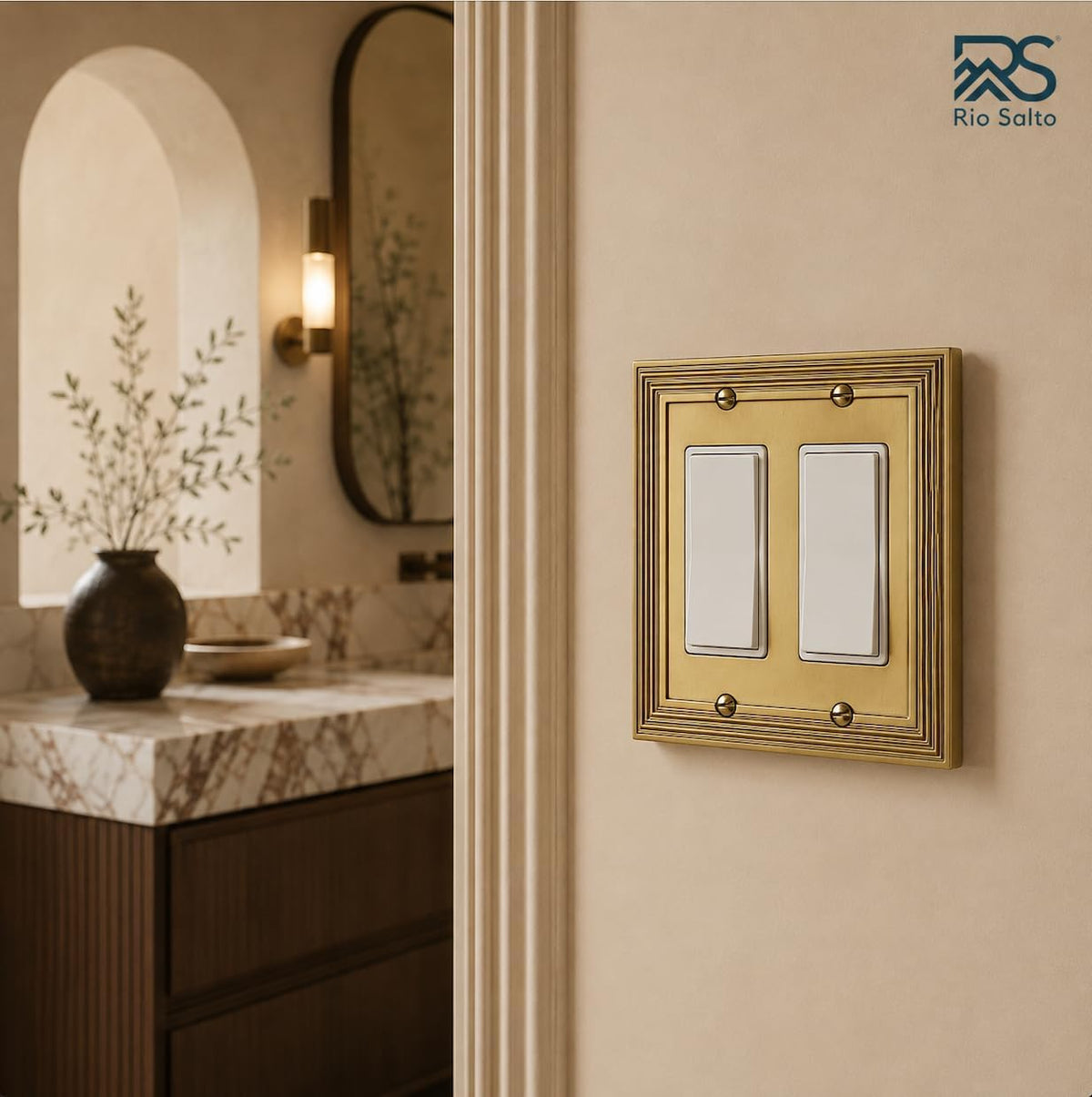 Rio Salto Double Rocker Light Switch Cover Plate 2 Decorator Paddle GFCI 2-Gang Brushed Brass Gold Metal Outlet Covers