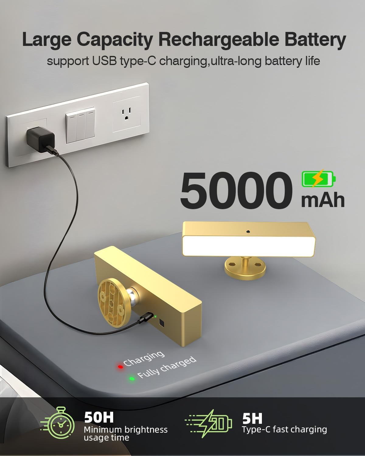 Battery Operated Wall Sconce Set of 2, Gold Rechargeable | Type-C 5V 1A charging, 360° rotation, 3000K/4000K/6000K