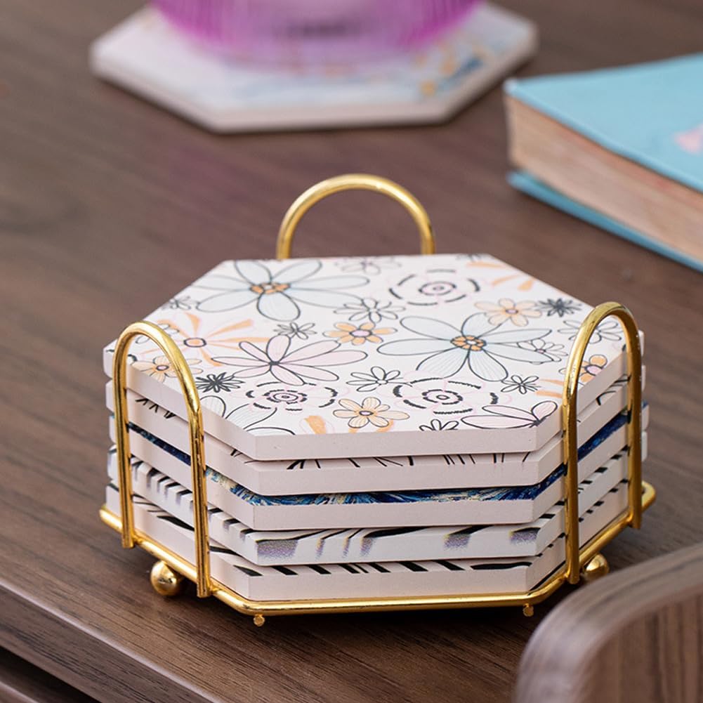 Modern Hexagon Iron Metal Coaster Holder Bulk Cup Storage Caddy for Round / Gold / 4 Inch / Set of 2
