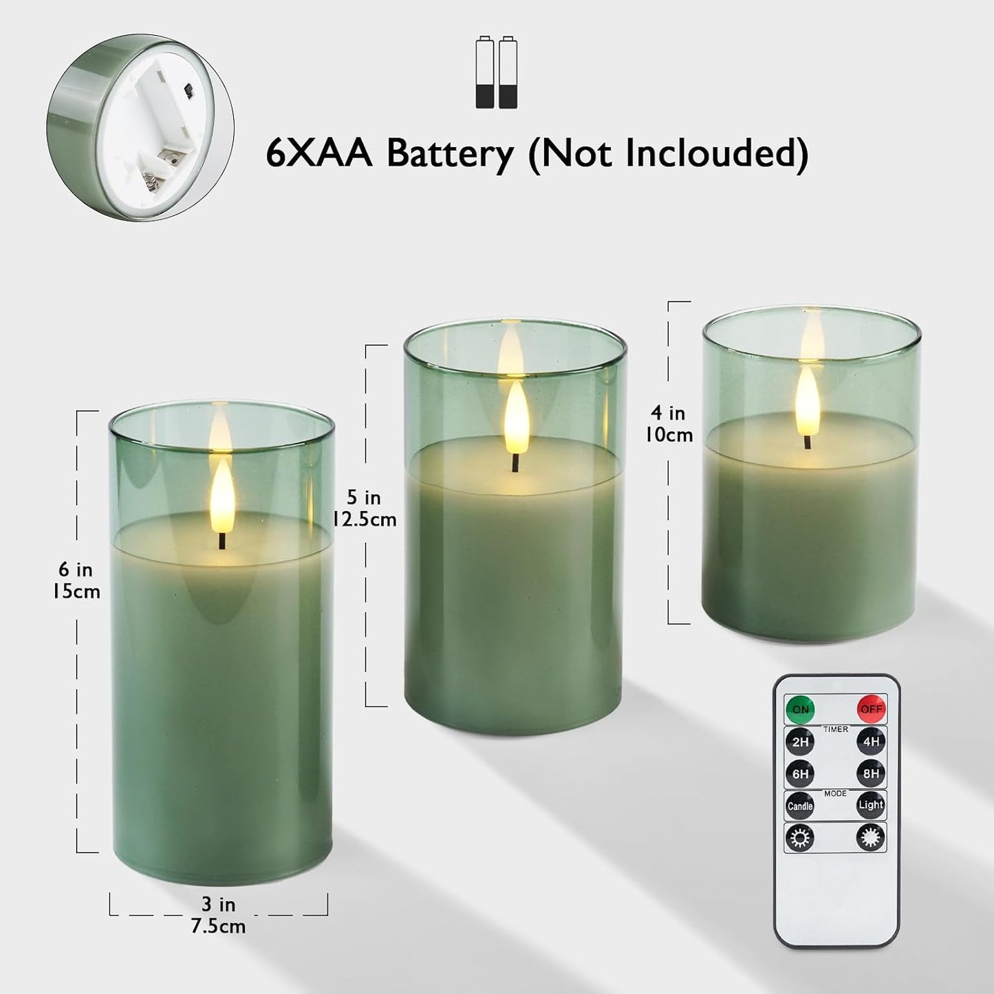 Amagic Green Glass Flameless LED Candles Battery Operated with Remote Timer | Real Wax Pillar Electric Candle, 3D
