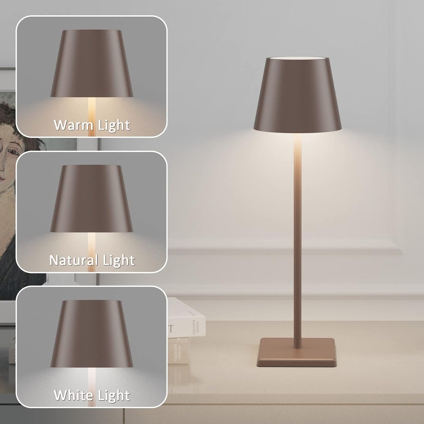 2 Pack LED Rechargeable Table Lamp Bronze, Portable 5500mAh Battery Powered Bedside Lamp, 3 Color Temperatures Stepless