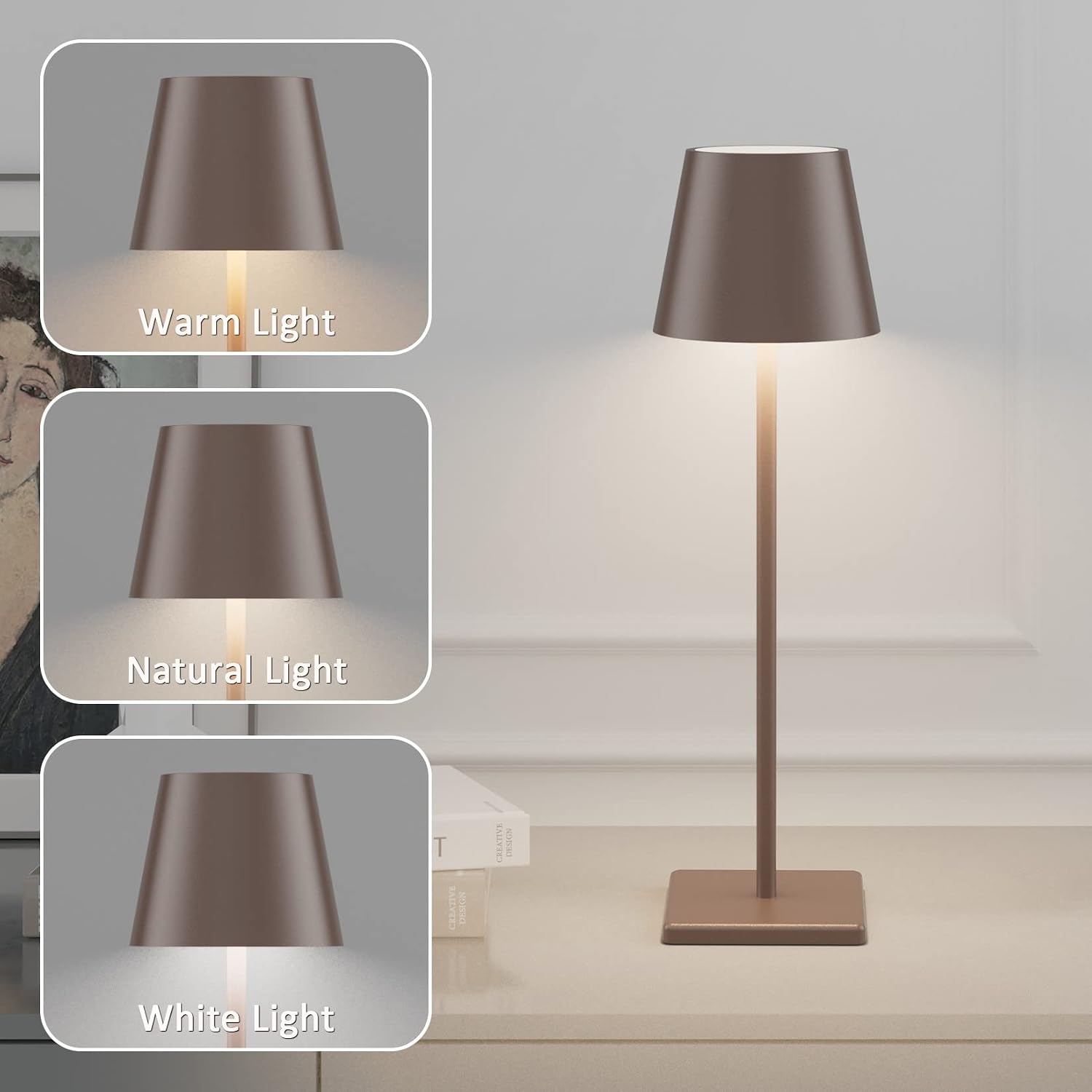 2 Pack LED Rechargeable Table Lamp Bronze, Portable 5500mAh Battery Powered Bedside Lamp, 3 Color Temperatures Stepless