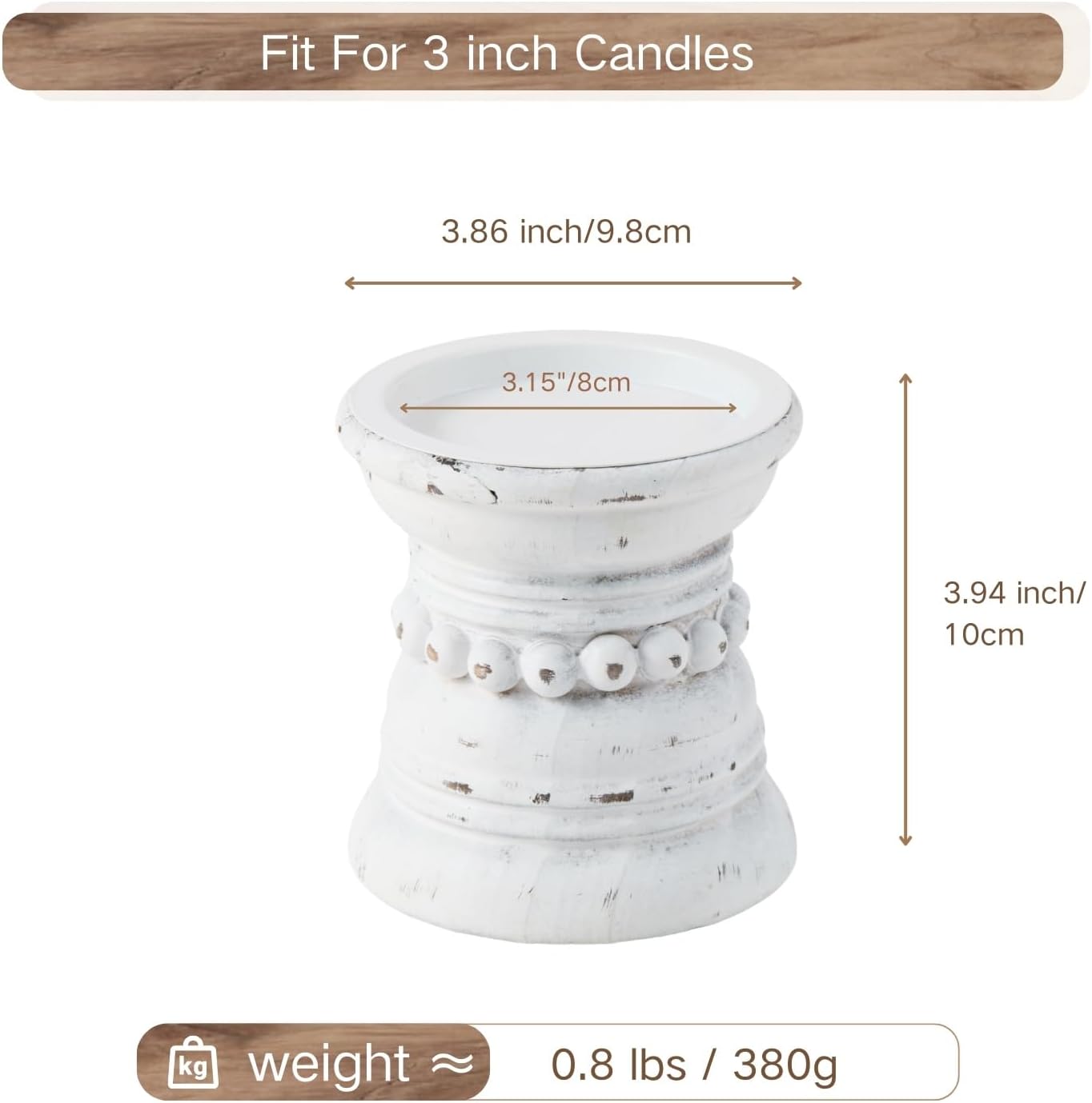 Wooden Candle Holder / Distressed White / 4 Inch