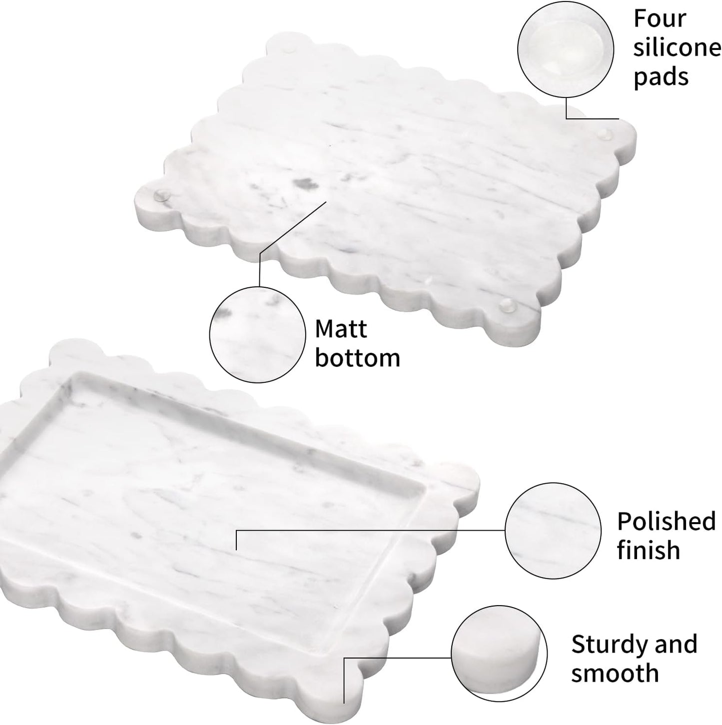 Scalloped Marble Decorative Tray / Carrara White / 10.8 x 8 x 1.2