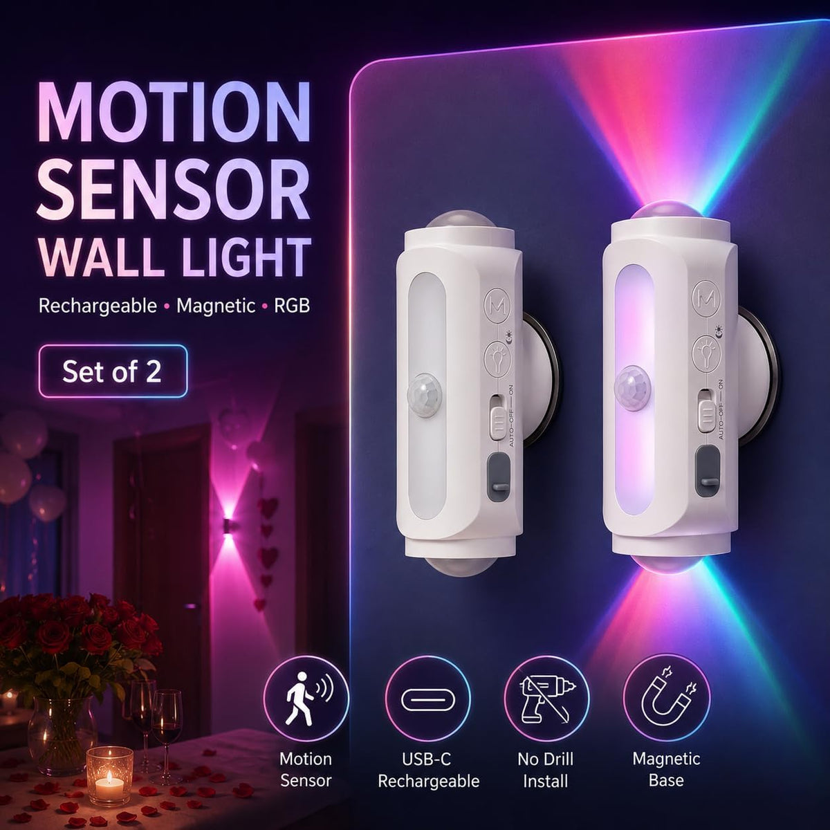 Motion Sensor Wall Light, Rechargeable Peel and Stick on Sconce Set of 2 | Wireless No Drill RGB Wall Lamps, Magnetic