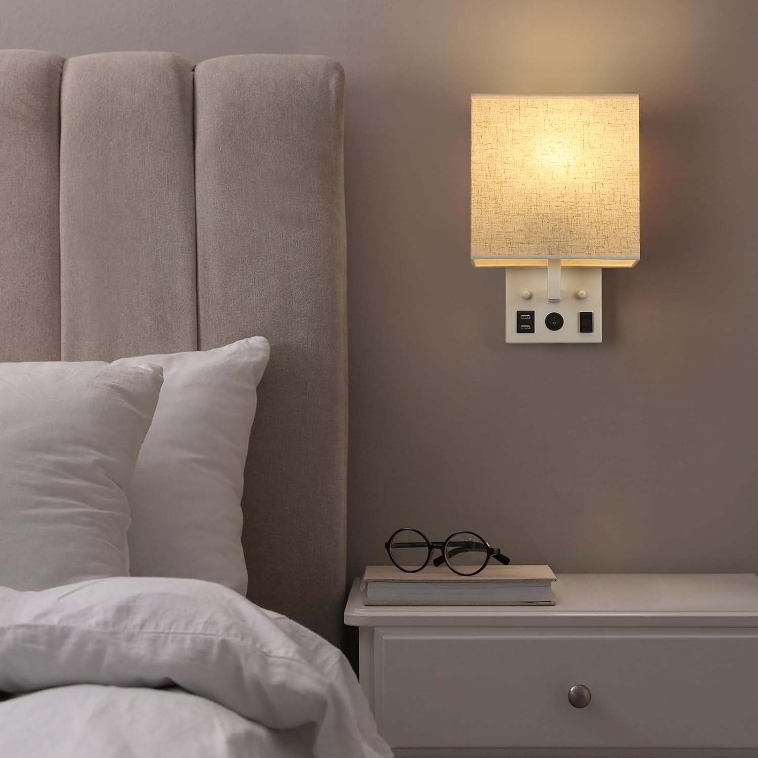 HAITRAL Wall Sconces Plug in with Bulbs - Wall Lamps for Bedroom with USB and Outlet,Sconces Wall Decor Set of 2 with