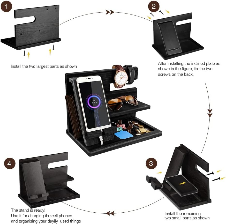 Gifts for Men Bedside Organiser Wood Phone Docking Station Dad Birthday Gifts for Him Nightstand Key Wallet Watch Stand