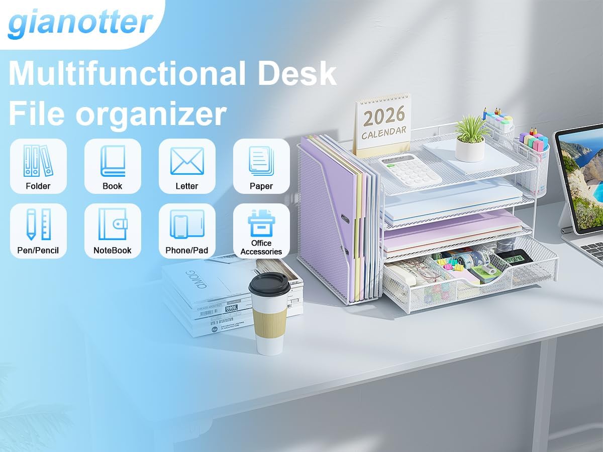 gianotter Desk Organizers and Accessories with File Holder, 4-Tier Desk Accessories & Workspace Organizers with Drawer