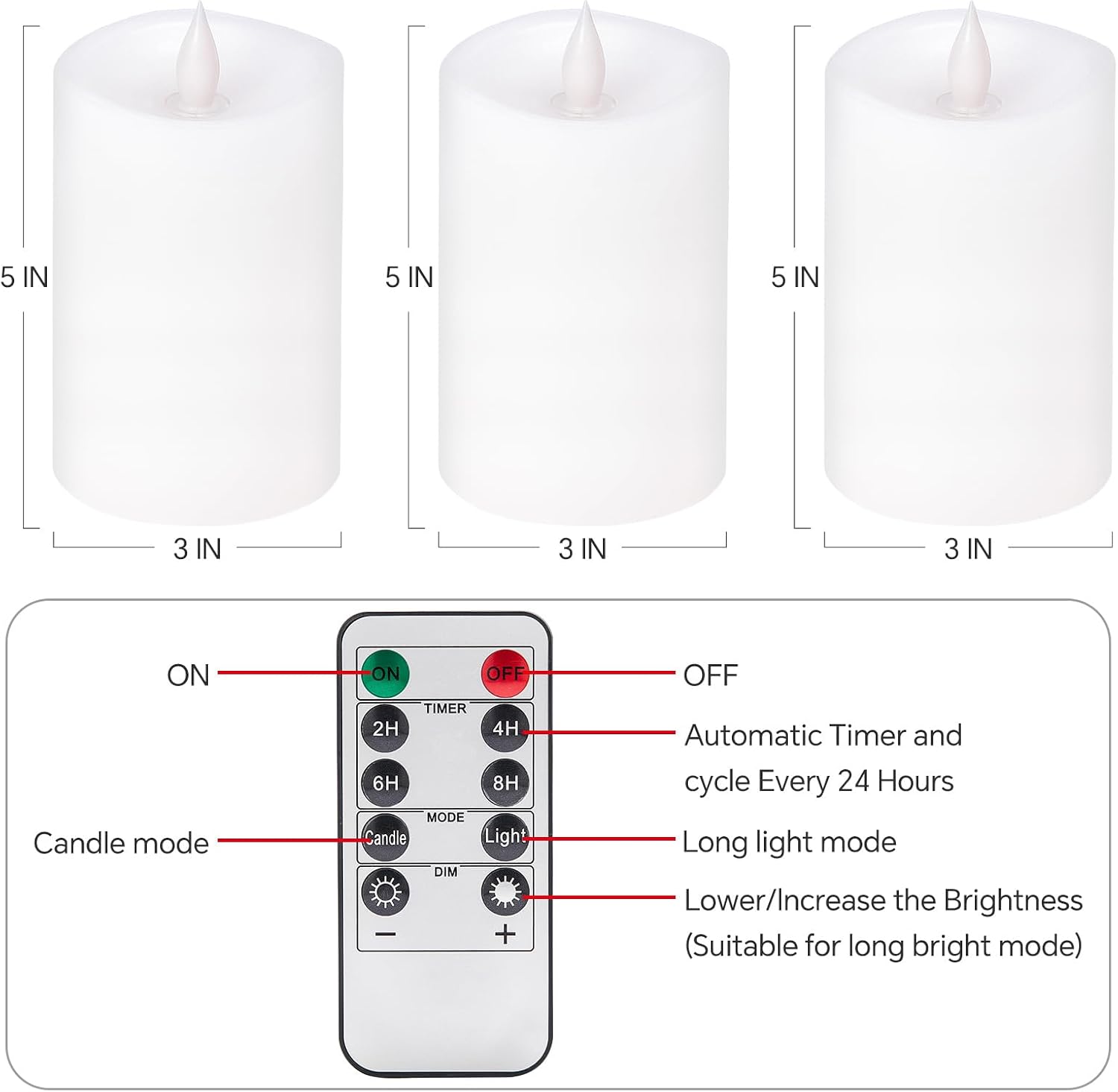 3PCS, 3 x 5 inches Flameless Candle with Remote Control, 3D Flickering Wick, Real Wax Pillar LED Candles, Battery