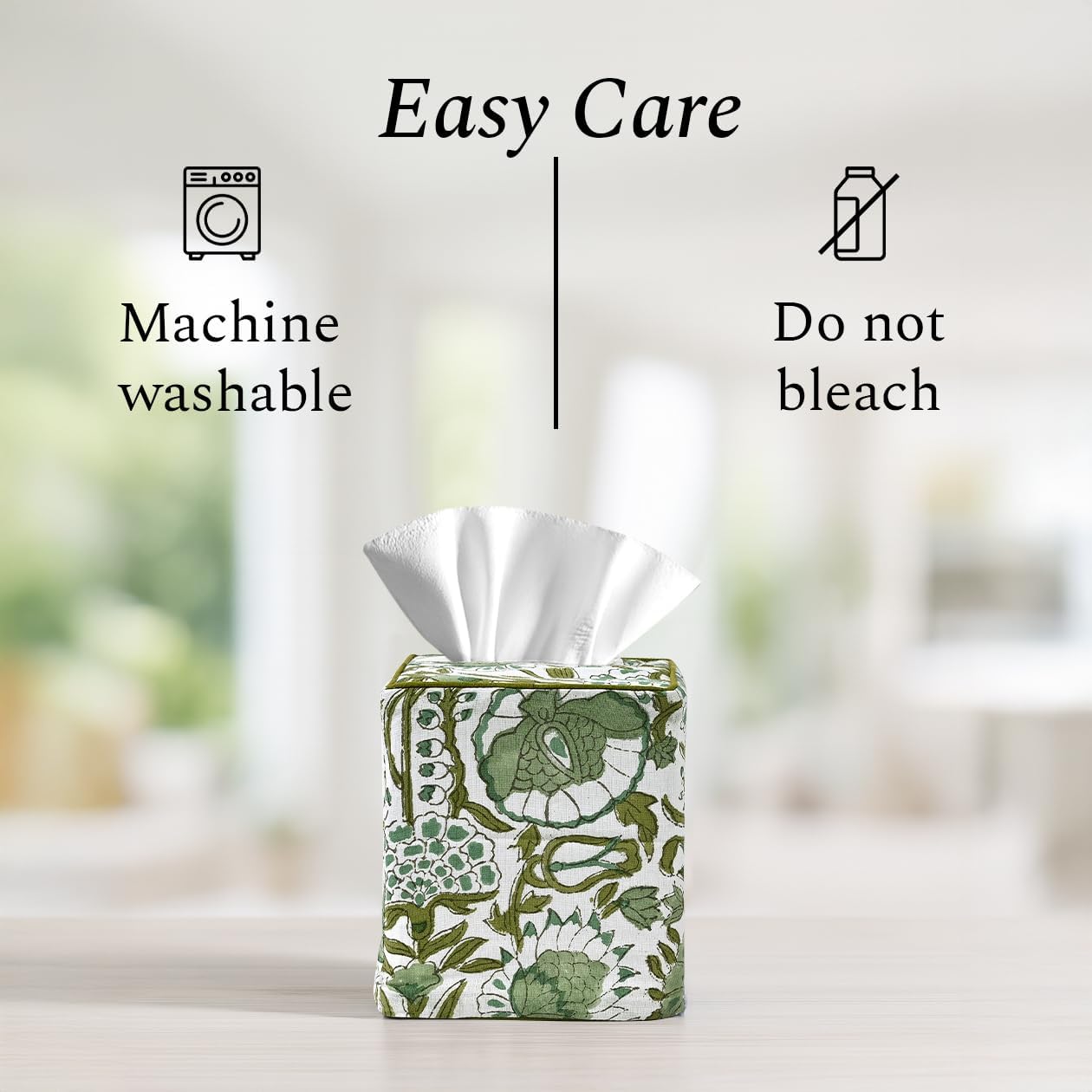 CPC Hand Block Printed Cotton Tissue Box Cover " Square Soft Reusable / Agate Green / 5 x 5 x 5.5