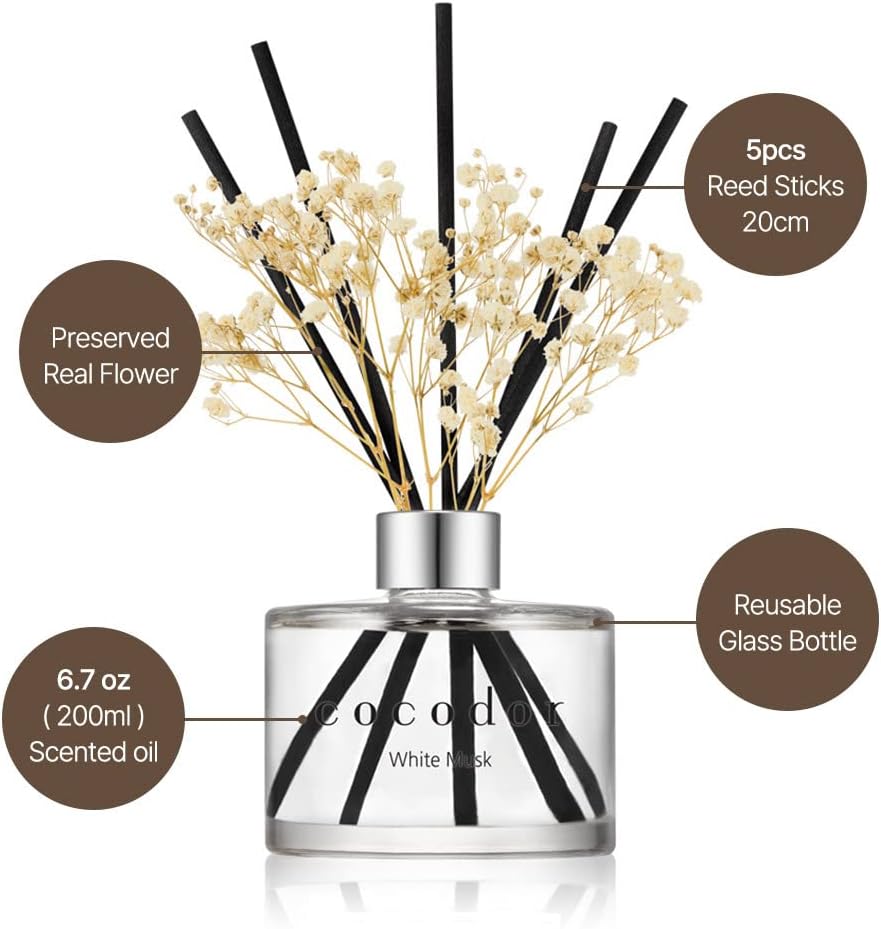COCODOR Flower Reed Diffuser Set / 6.7oz / /Scent Diffuser / White Jasmine / Real Flower/6.7ounce/