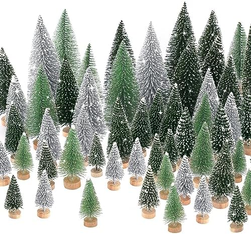 30Pcs Mini Christmas Tree Decor, Artificial Christmas Tree 5 Sizes,Mini Sisal Snow Frost Trees with Wooden Base for Christmas Decor Christmas Party Home Table Craft Decorations (A-Green/Silver)