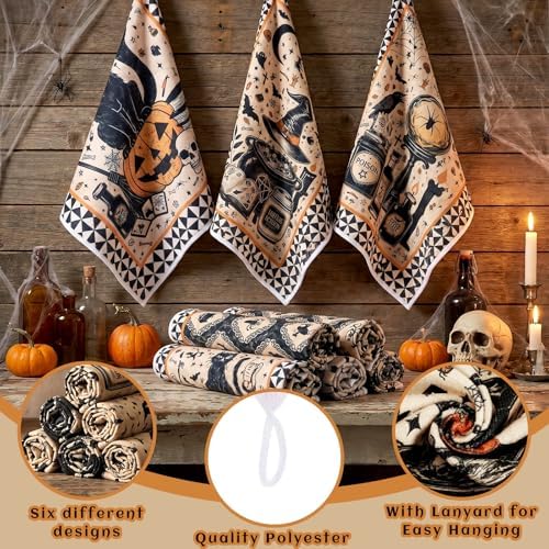 Ganeen 6 Pcs Halloween Kitchen Towels Set, Black Cat Pumpkin Dish Towels
