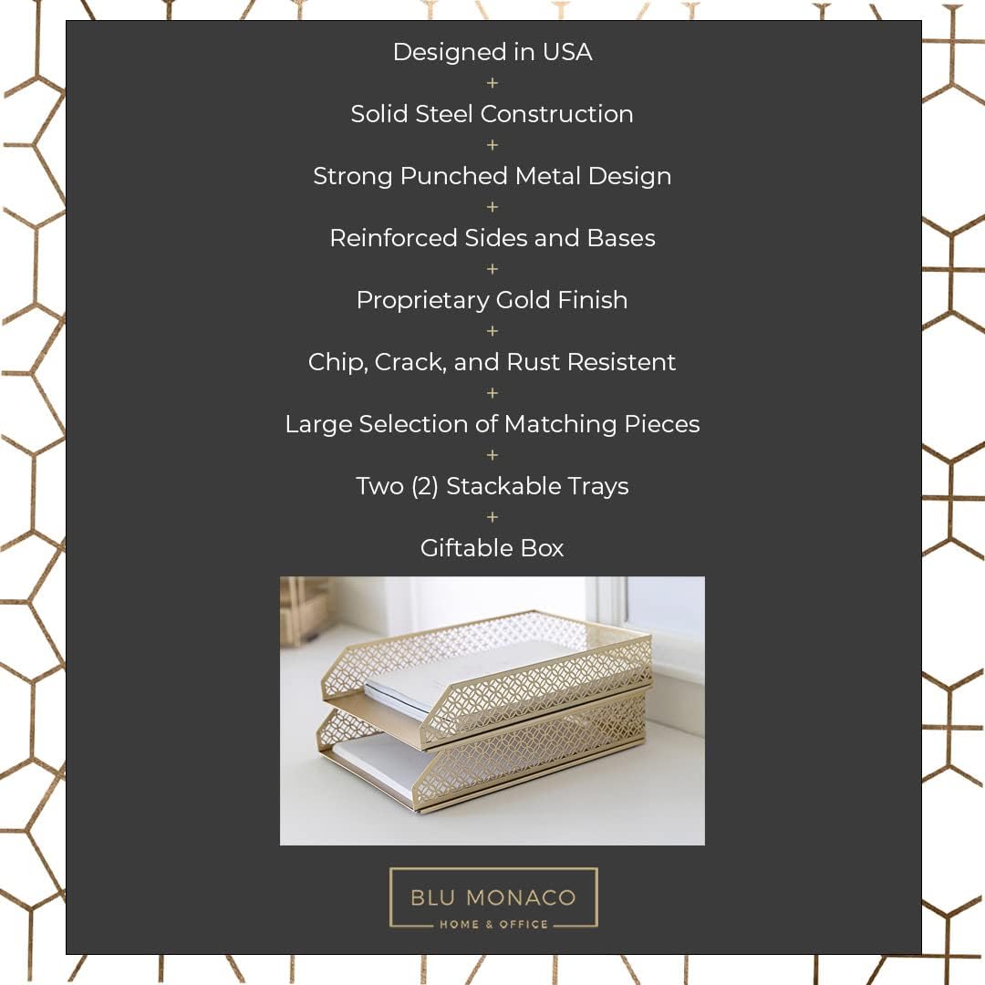 BLU MONACO | Paper Tray Stackable Gold Set of 2 | Stackable File Trays for Desk Organization | Tiered Desk Organizer