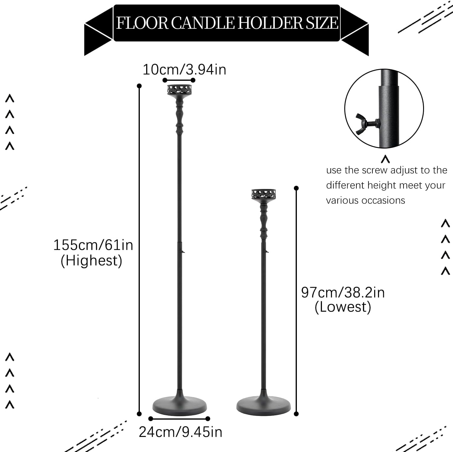 3Pcs Matte Black Floor Candle Holders Centerpieces for Pillar Candles | Adjustable Height,Halloween Metal Candlestick
