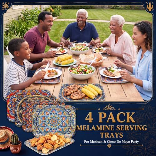4 Pieces Melamine Platters, Boho Flower, Mixed