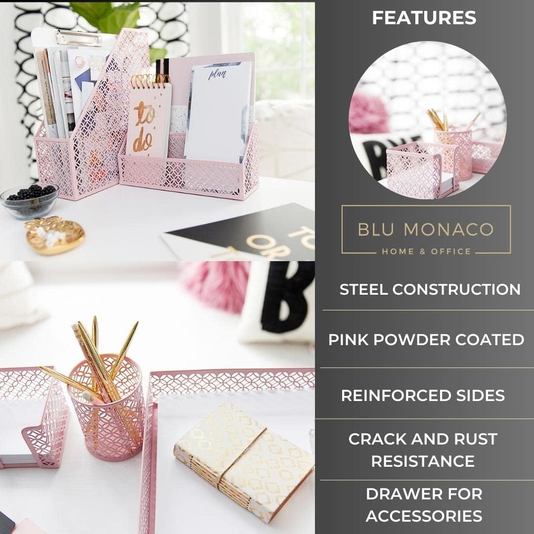 BLU MONACO Pink Desk Organizer Set | 6-Piece Metal Desktop Accessories | Mail Sorter Organizer Countertop | Letter
