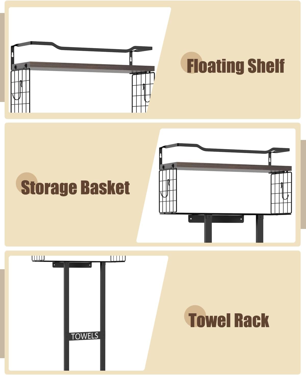 Large Towel Rack & Bathroom Towel Holder - Wall Mounted Metal Rack with Wooden Floating Shelf, Small Bathroom Towel