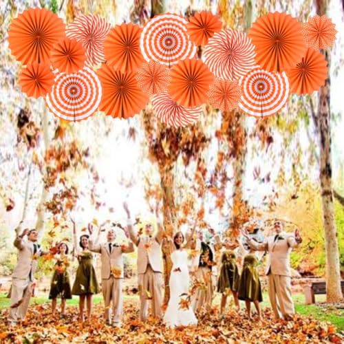 18Pc Party Hanging Orange Paper Fans, Fall Orange Round Folding Fans Wall Decor Paper Garlands Flower Decoration for Fall Party Decorations Thanksgiving Halloween Birthday Festival Wedding