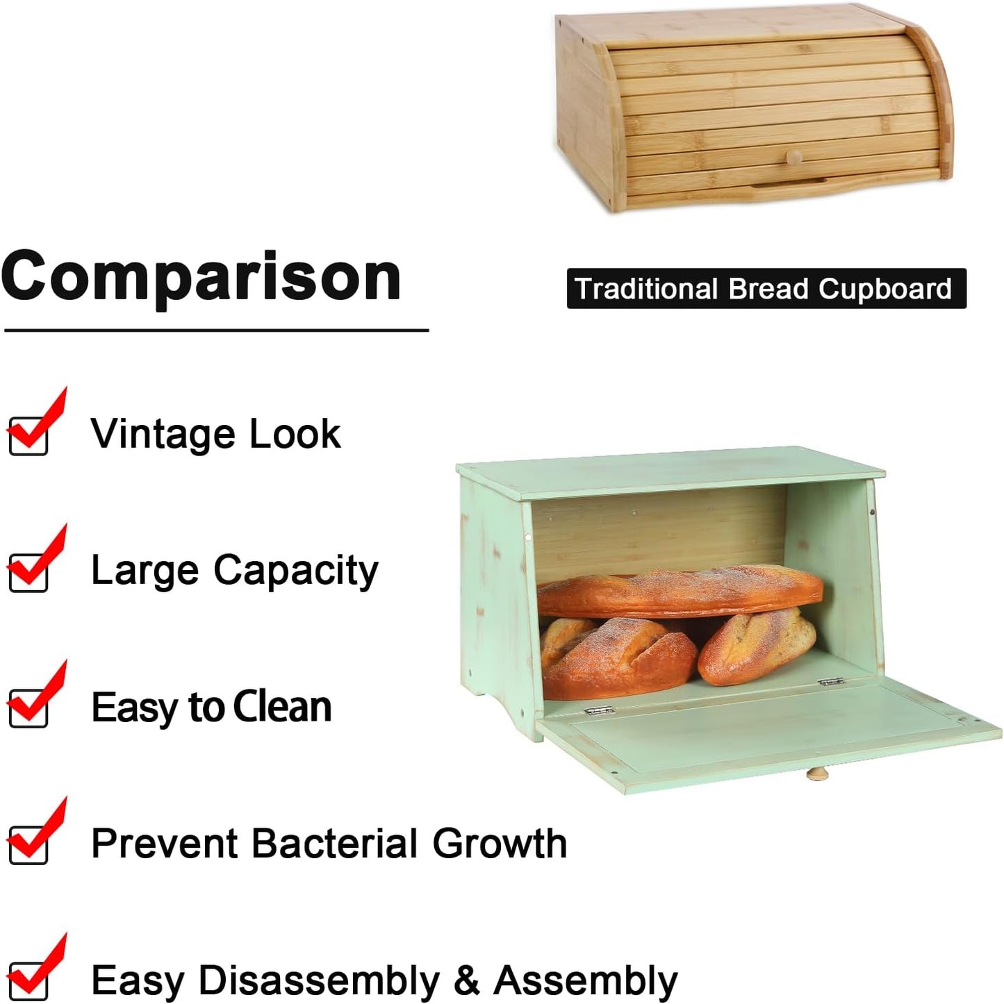 HOMEKOKO Large Wood Bread Box for Kitchen Counter, Retro Design Single Layer Bamboo Large Capacity Food Storage Bin