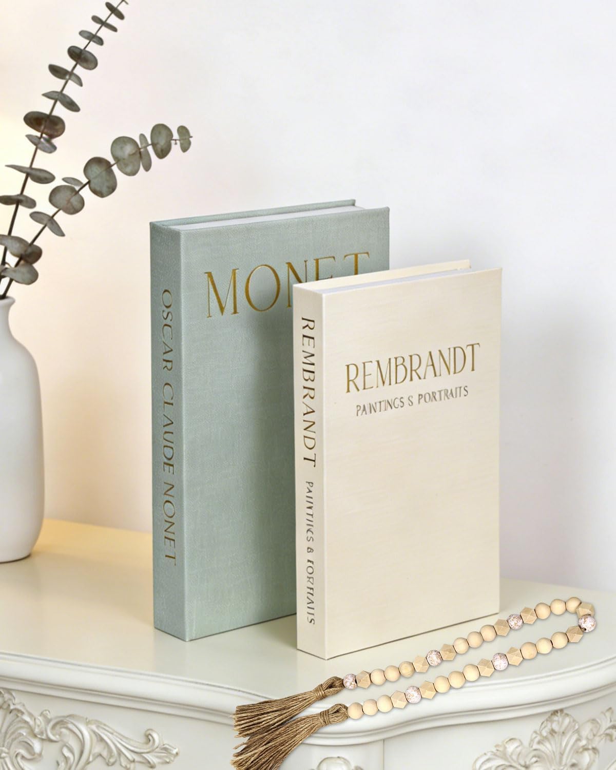 2 Linen Faux/Fake Books / Sage Green + Beige