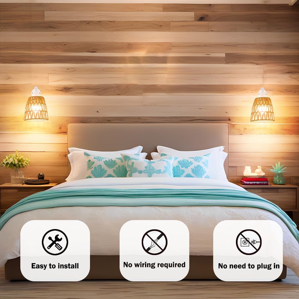 Battery Operated Wall Sconce Set of 2, Boho USB Rechargeable Wall lamp, White Farmhouse Rattan Sconce Lighting with