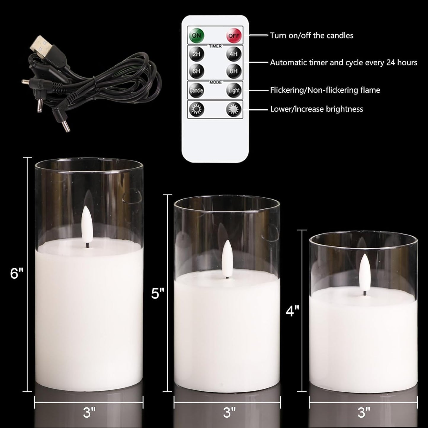 GenSwin Glass Rechargeable Flameless Candles Remote Battery Operated, Clear | LED Pillar Candles, Long Lasting Real Wax