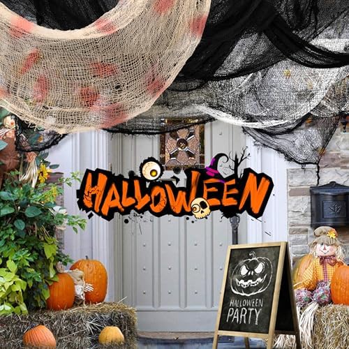 Halloween Creepy Cloth,3Pcs 30×72inch Black Spooky Scary Creepy Gauze Cloth Halloween Decorations for Party Doorways Outdoors Decoration, Black+White+red