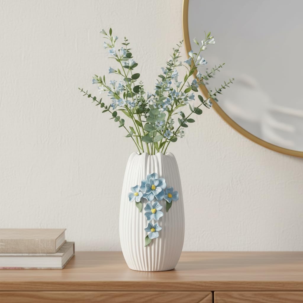 Modern Ceramic Vase / White and Light Blue / 9 Inch