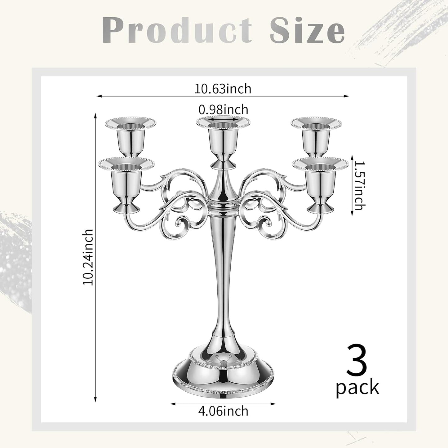3 Pcs 5 Arm Metal Candelabra 10.24 Inch Tall Holders,Sliver | Gothic Candlestick for Wedding Centerpiece, Church