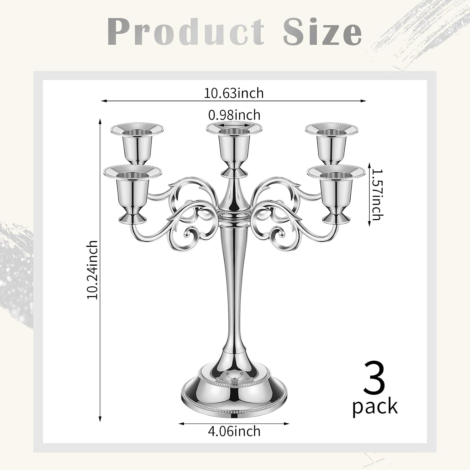 3 Pcs 5 Arm Metal Candelabra 10.24 Inch Tall Holders,Sliver | Gothic Candlestick for Wedding Centerpiece, Church