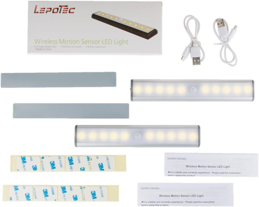 Stick On Cabinet Light,Under Counter Lighting, Motion Sensor, 10 LED Wireless USB Rechargeable Kitchen Battery Operated