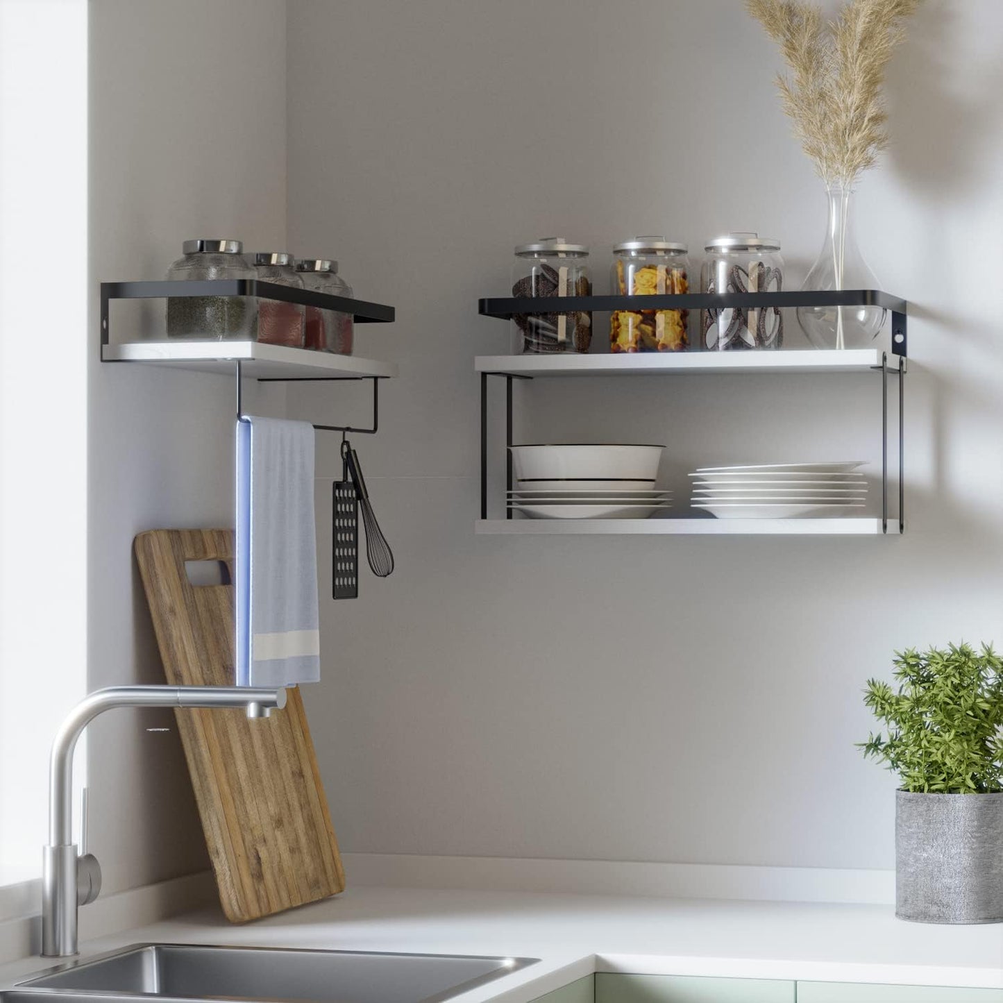 RICHER HOUSE Floating Shelves Bathroom, Wall Mounted Shelf Over Toilet | 2+1 Tier, with Metal Rail, Towel Rack, Paper