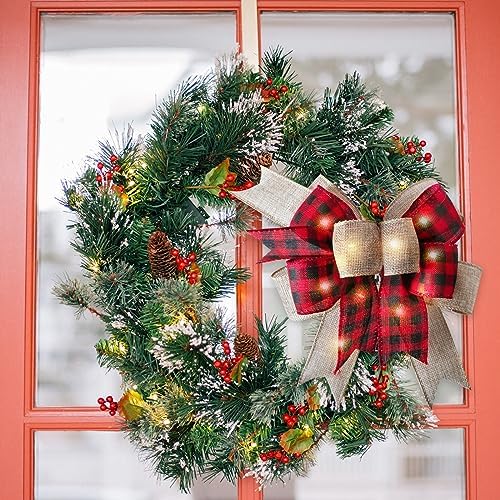 SIMISI RIBBON LED Christmas Buffalo Plaid Bow Rustic Burlap Black Red Crafts Wreath Bow with LED Lights for Holiday Decorations (9.5 x 13 inch)