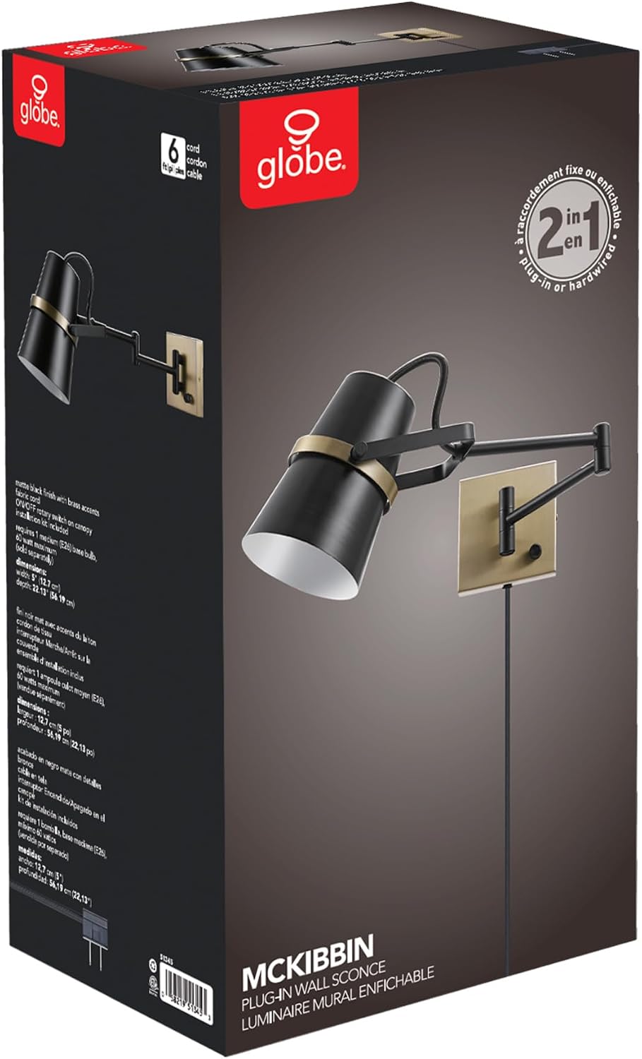 Globe Electric 51345 1-Light Plug-in or Hardwire Swing Arm Wall Sconce, Matte Black, Brass Accents, 6ft Woven Fabric