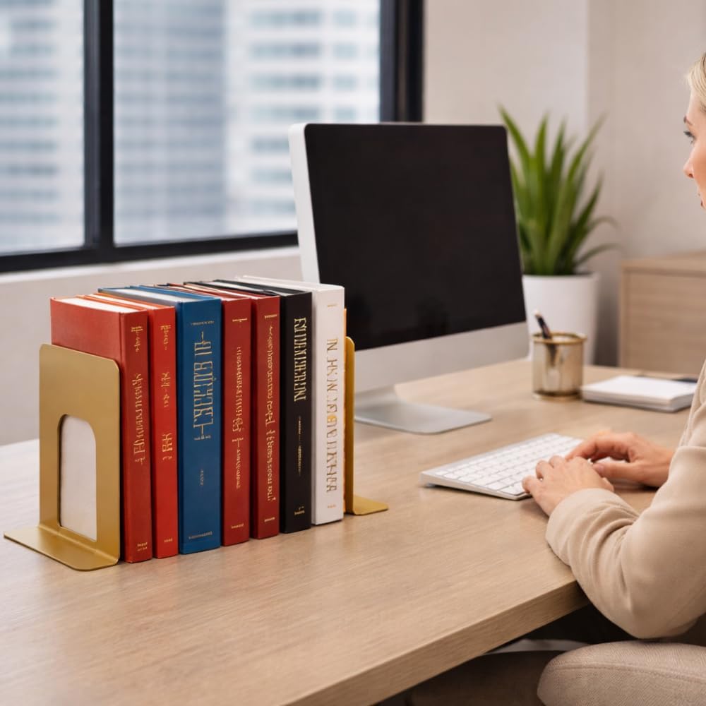 Heavy Duty Metal Bookends Supports Heavy Books / Gold 3 Pairs