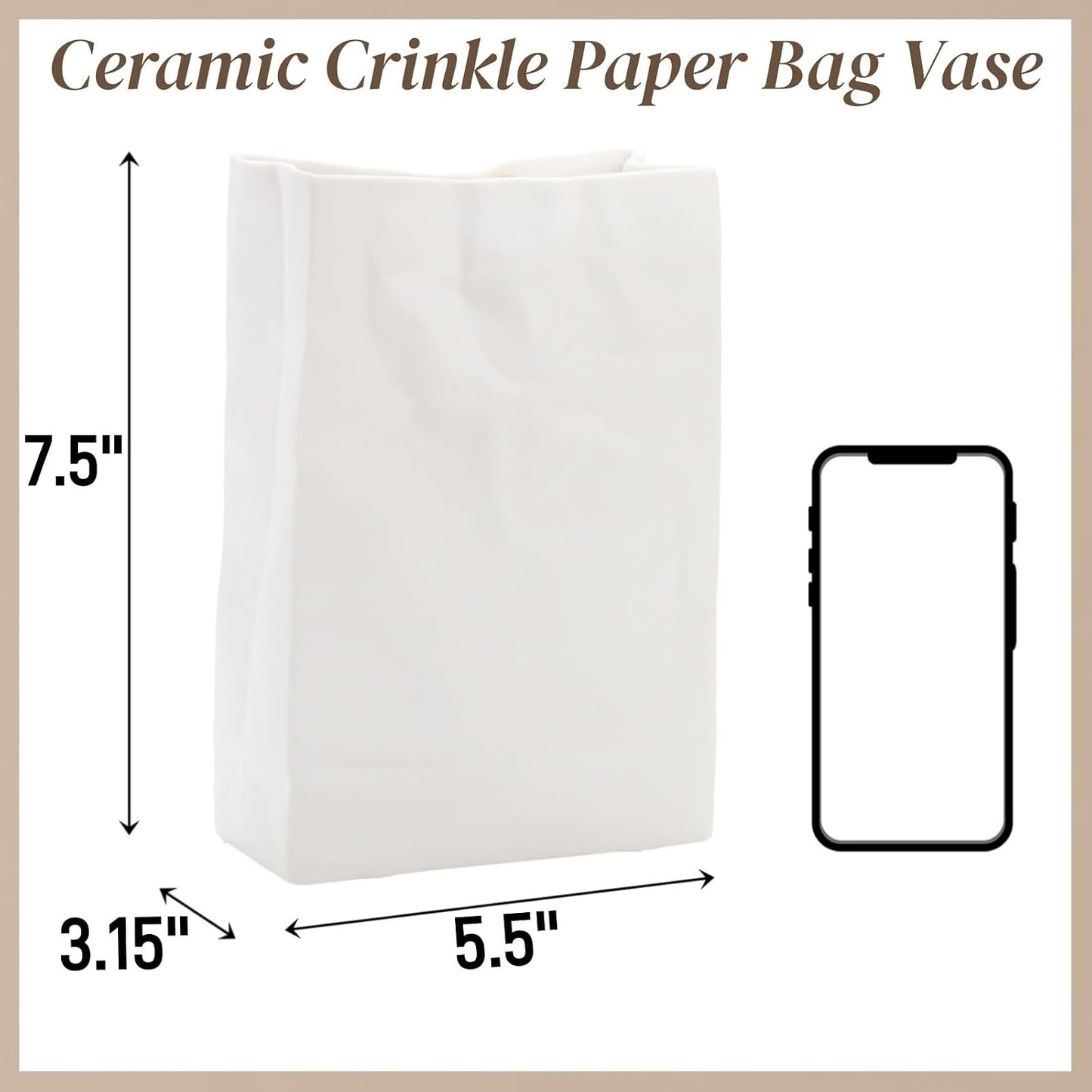 Crinkle Paper Bag Ceramic Vase / White / 7.5 Inch