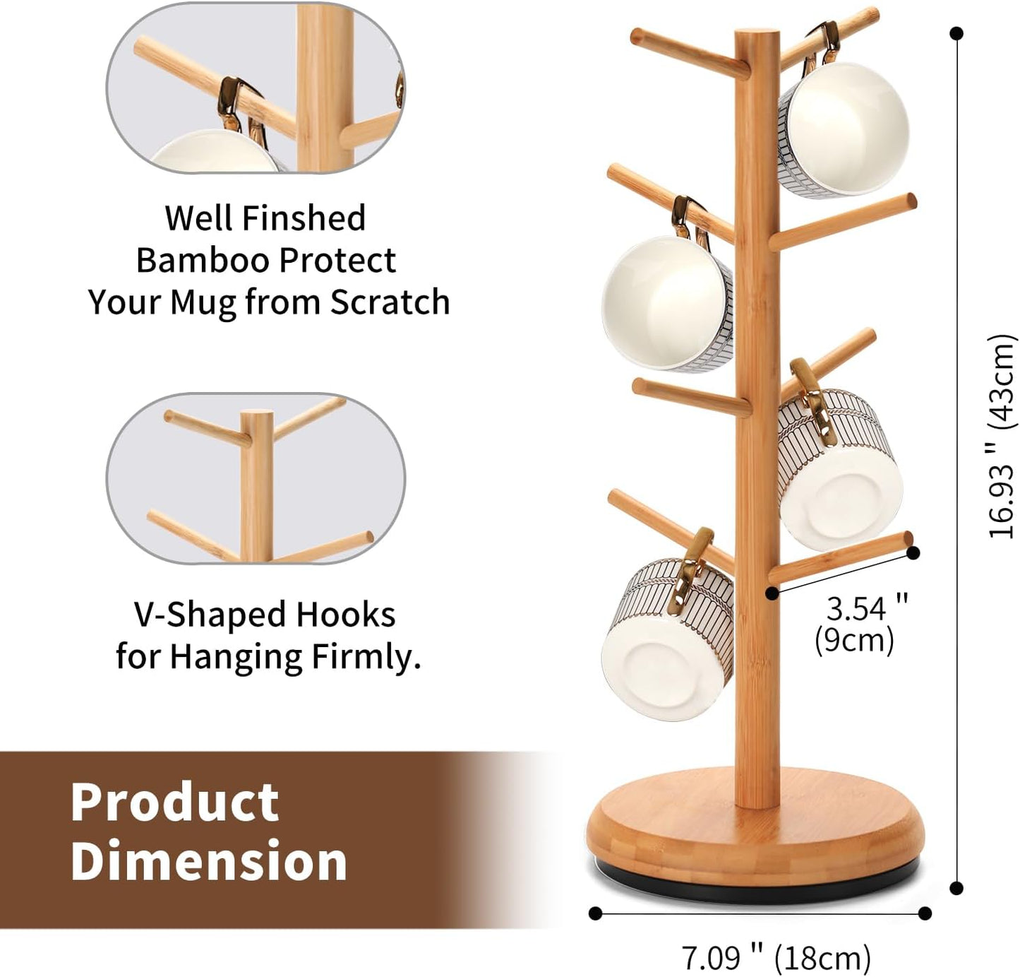 BAMBANG Mug Holder, 360° Rotating Mug Tree Holds 8 Coffee Cups, Space Saving Mug Rack with Stable Base for Kitchen