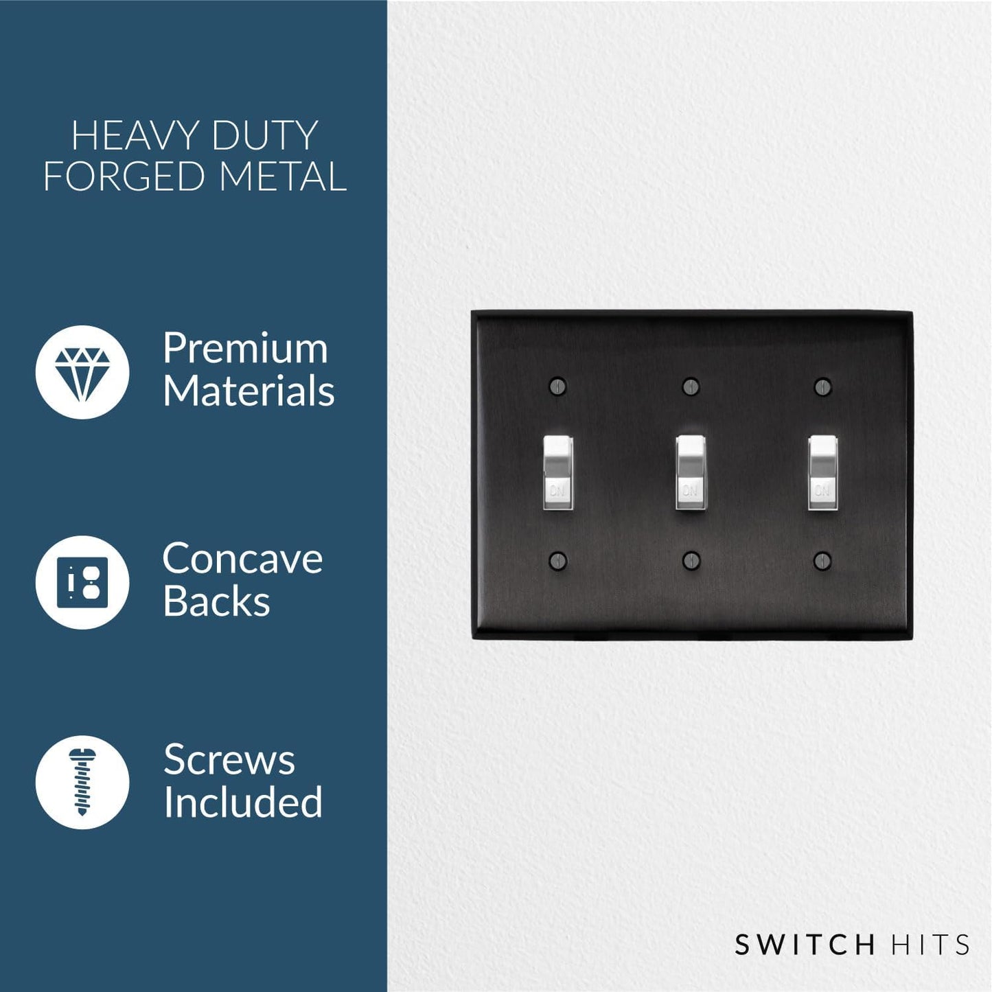 Satin Nickel Black Outlet Wall Plate | 3 Toggle | 6.25" x 4.5" | Hand-Polished Brass Construction | Electrical Switch