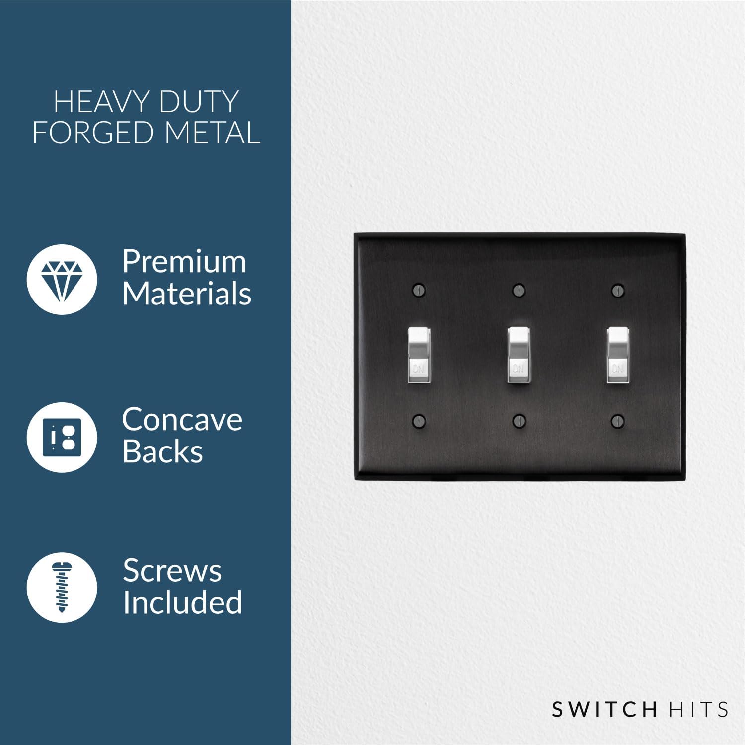 Satin Nickel Black Outlet Wall Plate | 3 Toggle | 6.25" x 4.5" | Hand-Polished Brass Construction | Electrical Switch