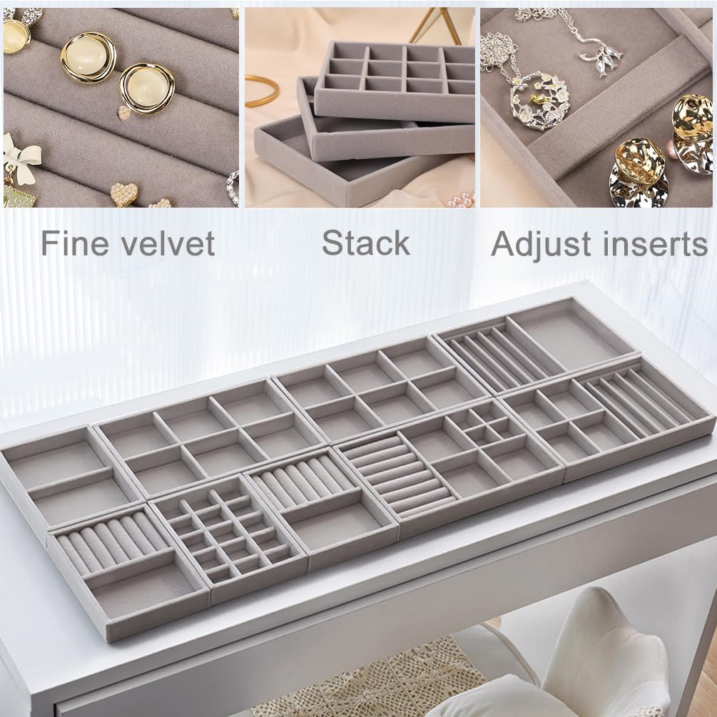 Jewelry Organizer Tray Drawer Inserts Stackable Velvet Liner Dividers / Grey / Set of 10
