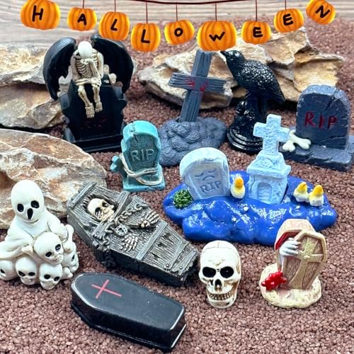 20 Halloween Miniature Figurines,Mini Resin Tombstones Skull Heads Figures