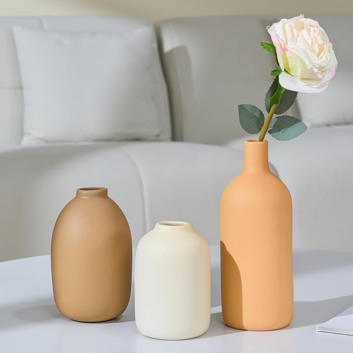 Ceramic Vase / Neutral Modern Vases for Bouquet Pampas Grass Dried Fresh Flowers / Beige / Set of 3