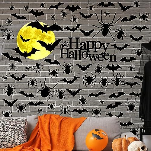Qeeenar 76 Pcs Halloween Wall Decals Stickers Bats Wall Decor, 6 Sheets