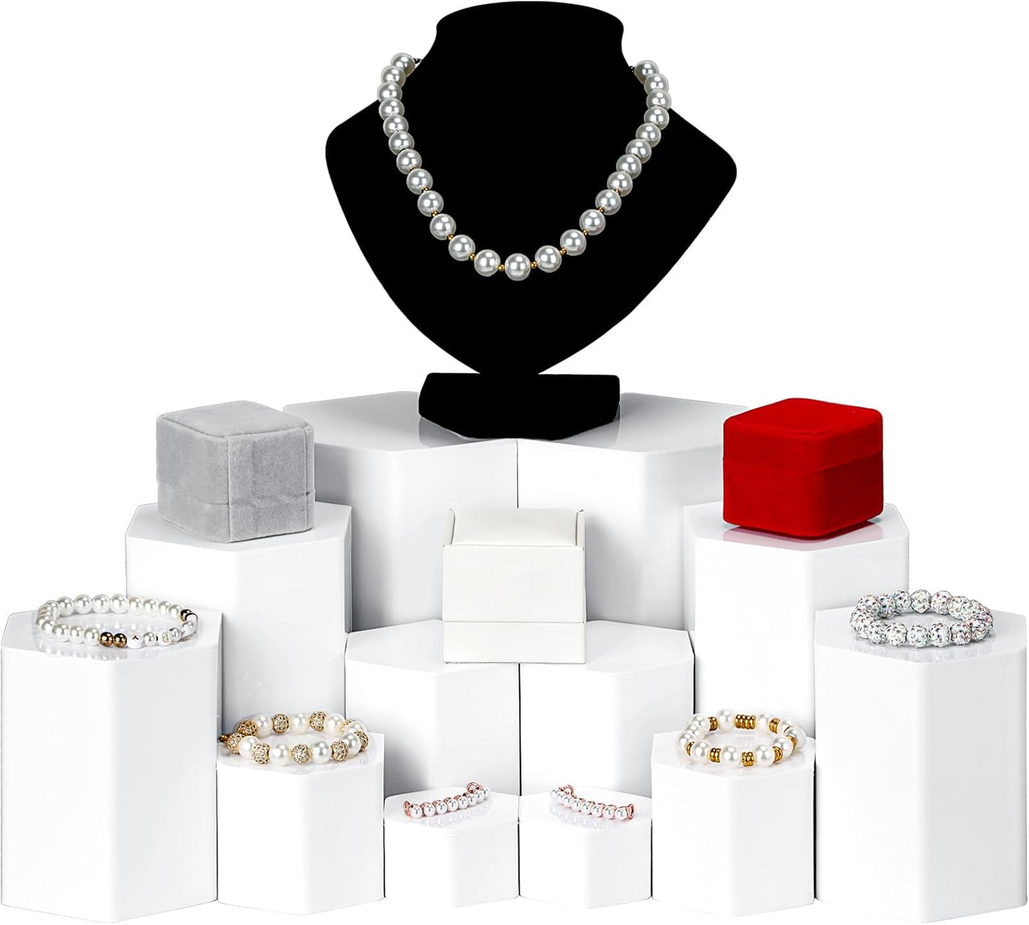 Hexagonal Jewelry Display Risers Hexagonal Market Display Risers Stands Acrylic / White / Set of 6