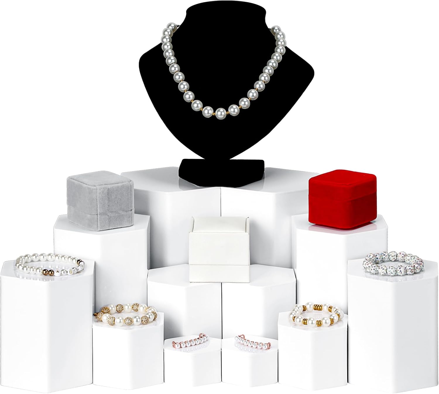 Hexagonal Jewelry Display Risers Hexagonal Market Display Risers Stands Acrylic / White / Set of 6