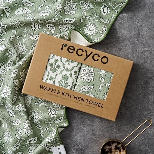 RECYCO Waffle Kitchen Towel Set of 2 - Quick Dry Microfiber Sustainable Dish Towels - Ultra Absorbent Reusable Cleaning Tea Towels - Lightweight Hand Towels,16”x 28”, Thyme & Vine